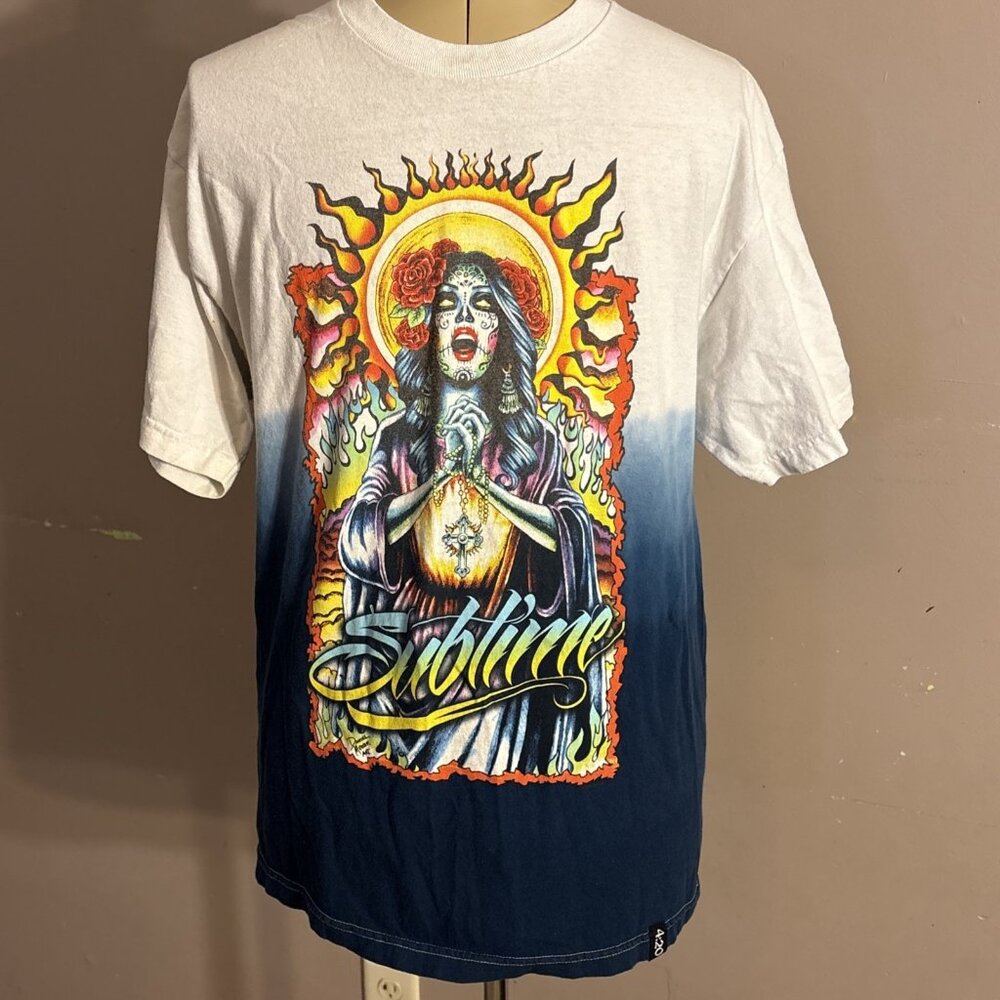 Vintage RARE 4:20 Sublime Men  T-Shirt White Ombré To Blue Praying Woman Sz L